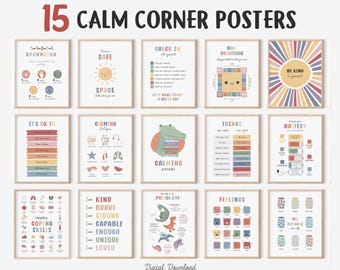 May include: Fifteen framed posters with calming strategies for children. The posters feature colorful illustrations and text, including "Calm Corner Posters," "Grounding," "Check In," and "Be Kind to Yourself." The posters are designed for a child's room.