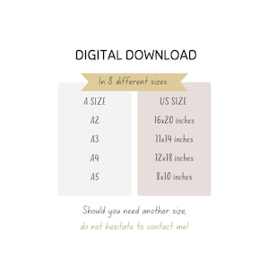 May include: A chart showing eight different sizes of digital downloads, with the corresponding US size in inches. The chart is labeled "Digital Download" and "In 8 different sizes".