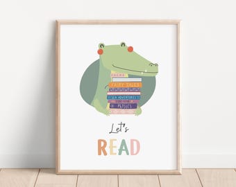 Let's Read Poster, Kids Reading poster, Reading Corner Poster, Calm Corner, Boho Classroom Decor,  Playroom Books Wall Art, Nursery Print