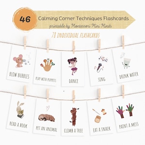 Vocabulaire des techniques du coin calme, 16 cartes Montessori, cartes flash du coin apaisant, cartes imprimables, préscolaire Montessori