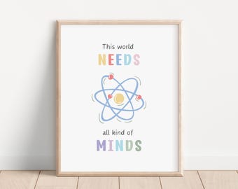 Póster "Necesitamos mentes de todo tipo", póster sobre neurodiversidad, todos pensamos de manera diferente, salud mental, consejero escolar, decoración de consultorios de terapia