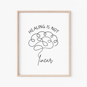 May include: A printable poster with a black and white illustration of a brain with the text "Healing is not linear" in black.