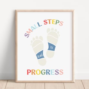 Póster de salud mental, pequeños pasos que conducen al progreso, mentalidad de crecimiento, decoración de consultorio terapéutico, arte para un rincón relajante, impresión para el aula, póster de estudio