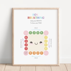 Könnte beinhalten: Ein druckbarer Poster mit einer farbenfrohen Illustration einer Box-Atemtechnik. Der Poster enthält Anweisungen zur Verwendung des Atems, um den Geist zu fokussieren. Der Text auf dem Poster lautet "BOX BREATHING Using your BREATH To focus your MIND HOLD 1 2 3 4 BREATHE OUT 4 3 2 1 START HERE 4 3 2 1 HOLD"