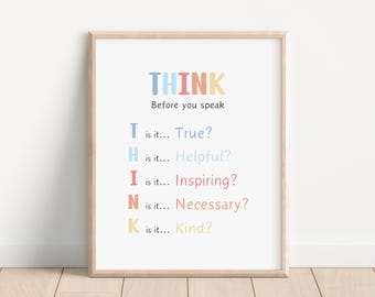 Think Before You Speak Sign, Positive Classroom, School Counselor Office, Classroom Rules Poster, Therapist Office Decor, Rainbow Classroom
