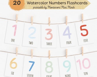 Cartes flash aquarelle chiffres, cartes flash comptage préscolaire, compter et clip, cartes chiffres pastel 1-20, cartes flash imprimables Montessori