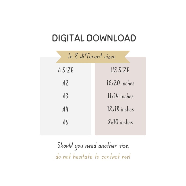 May include: A chart showing eight different sizes of digital downloads, with the corresponding US size in inches. The chart is labeled "Digital Download" and "In 8 different sizes".