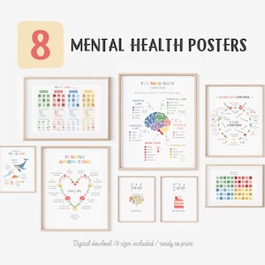 Könnte beinhalten: Satz von acht druckbaren Plakaten zur psychischen Gesundheit mit bunten Illustrationen und Text. Die Poster behandeln Themen wie positive Affirmationen, die Verbindung von Körper und Geist und die Kontrolle deiner Gedanken.