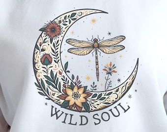 Wild Soul Dragonfly Moon PNG Floral Crescent Moon Sublimation Design T-Shirts Celestial Boho Spiritual Printable Clipart Whimsical