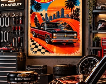 Grafika ścienna z Chevroletem Silverado, plakat z ciężarówką Hot Wheels w stylu vintage, klasyczny amerykański pick-up, wystrój garażu w stylu retro, sztuka z samochodami wyścigowymi, prezent z odlewu ciśnieniowego