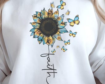 Tournesol foi papillon TShirt Design Floral PNG Boho Christian graphique pour sublimation chemise spirituelle imprimable Art en téléchargement numérique