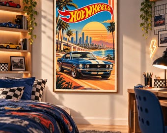 Plakat ścienny Hot Wheels Mustang do druku, plakat z samochodem retro, dekoracja zabytkowego muscle cara, dekoracja garażu, dekoracja pokoju dla chłopców, pobieranie cyfrowe