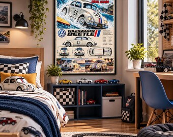 Grafika ścienna z Volkswagenem Garbusem, plakat Herbie Rides Again, klasyczny nadruk z owadem VW, dekoracja zabytkowych samochodów, grafika do pokoju wyścigowego dla dzieci, dekoracja ścienna garażu