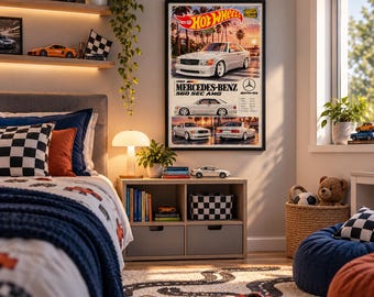 Mercedes 560 SEC AMG – grafika ścienna, plakat z samochodem Hot Wheels, wydruk z Mercedesem w stylu vintage, dekoracja ścienna z klasycznym samochodem, sztuka garażowa, wystrój pokoju dziecięcego