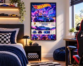 Hot Wheels Porsche 911 GT3 R KPop Demon Hunters – grafika ścienna, plakat z samochodem wyścigowym, wydruk motoryzacyjny, dekoracja pokoju nastolatka, sztuka garażowa, pobieranie cyfrowe