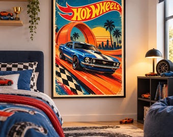 Sztuka ścienna Ford Mustang, plakat z motywem vintage Hot Wheels, wydruk retro Mustang, dekoracja klasycznego muscle cara, sztuka do pokoju wyścigowego, dekoracja ścienna garażu