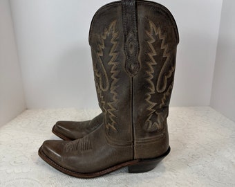 Old West Dark Brown Leather Square Toe Pointed Cowboy Boots Men's USA Size 9M Style: LF1534