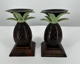 Vintage Heavy Set of two Pineapple/Palm Tree tapered candle holder; Metal/Bronze 7" inch Tall