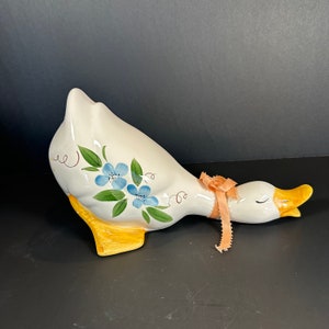Vintage Goose Figurine Home Decor White Porcelain with hand painted flowers 10.5" in Long