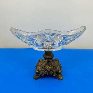 Vintage Oval Clear Cut Crystal and 4 footed Brass Pedestal Compote center piece bowl starburst cut Pedestal Dish Bowl/Candy dish 9.5&quot; long