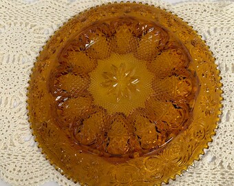 Vintage 70s Indiana Glass Amber Deviled Egg Platter Saw Tooth Edge