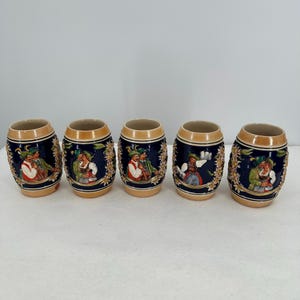Vintage German Stoneware Beer Stein Set of 5 | Bavarian Relief Tankards | Oktoberfest Decor | Collectible Barware Gift, West Germany 12oz