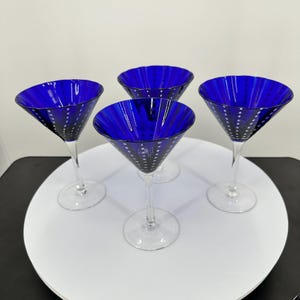Vintage, Blue Set of FOUR Martini Glasses in Cobalt Blue with white dots vertical stripes and clear steams and base