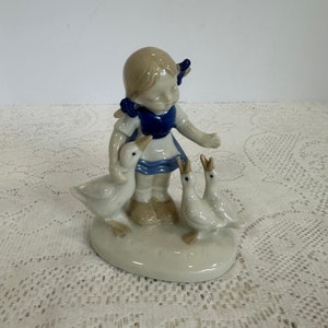 Vintage Wagner & Apel Porcelain Figurine, &quot;Girl with 3 Geese&quot; GDR Blue and White Porcelain 4.5&quot;in