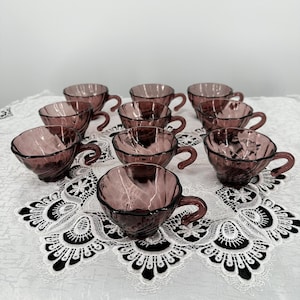 Vintage Collectible set of TEN, Vereco France Amethyst Swirl Glass Teacups, 4.5&quot; inch wide with Handle