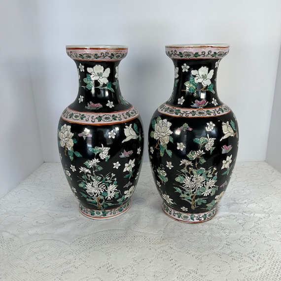 花柄の中国風二重壺 高さ約56cm Vintage, Set of TWO, Chic Chinoiserie Vases, Black, Green