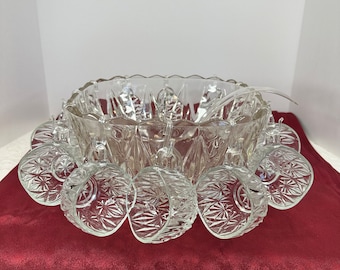 Vintage, 240117211," W x 6.5" T Hazel Atlas Williamsport Square Prism Punch Bowl Set- Bowl, 12 Cups, 12 Hooks - Very Good Condition