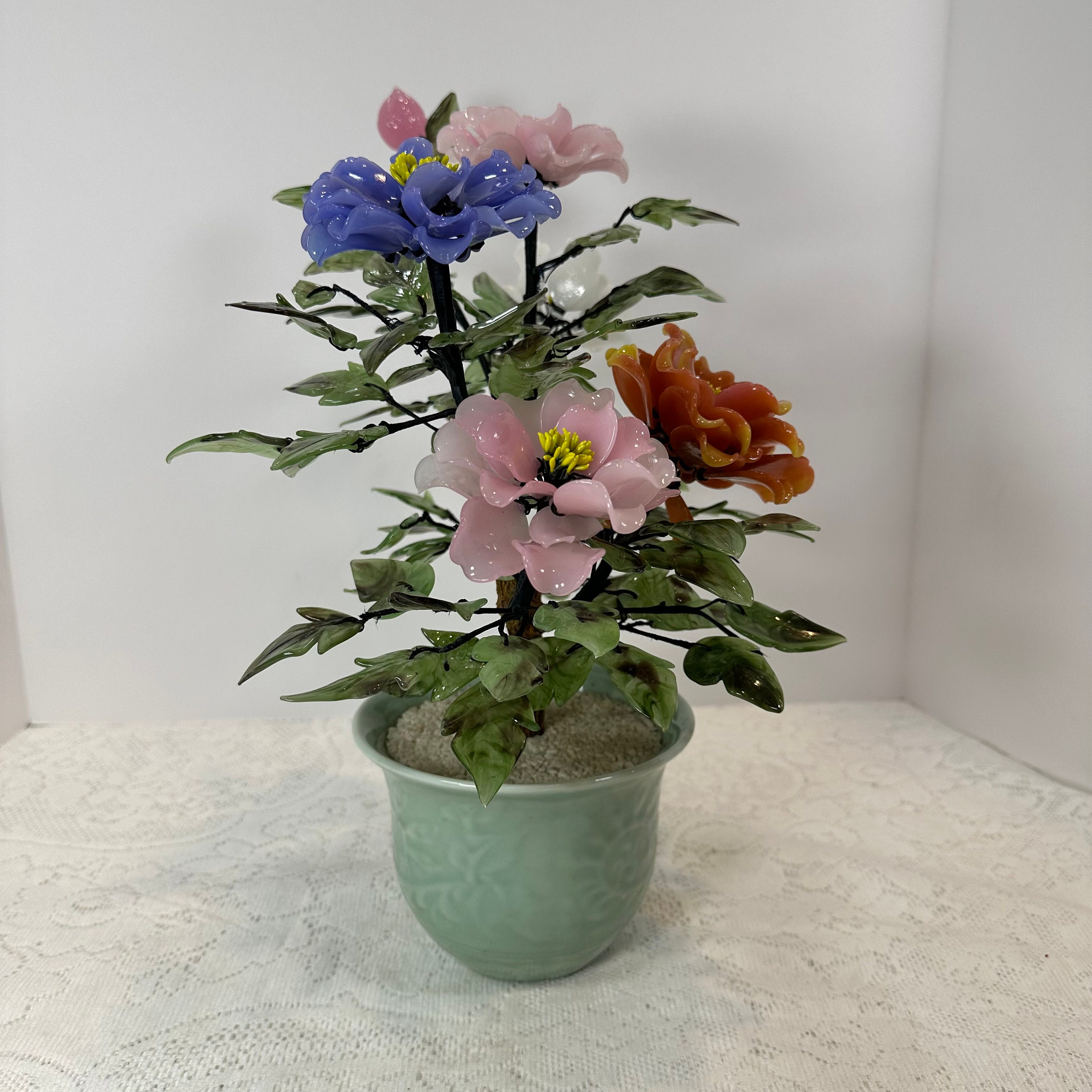 Vintage Chinese Jade Stone Glass Bonsai Tree Multi Color Pink Purple  Celadon Pot