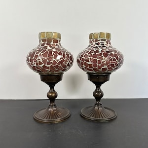 Set of 2 HANDMADE Turkish Mosaic table bronze pedestal candle holders