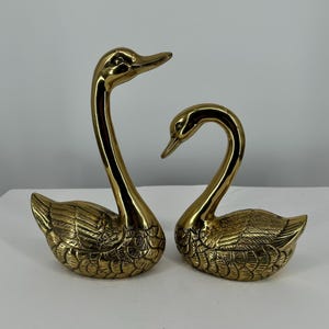 Vintage Set of TWO Large Solid Brass Swan figures, Swan Sculptures made in Korea 12&quot; in tall Could be used as bookends, doorstops, decor