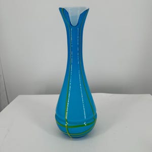 Vintage Blue and Yellow Glass Swung Vase, Vintage Murano &quot;like&quot; Style Art Glass, Collectable Glassware 15.5&quot; inches tall