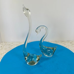 Vintage Set of TWO Mid Century Modern Clear Glass Swans 10.5&quot; & 7&quot; inches Tall
