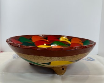 Vintage, Mexican, Hand Painted, Footed Pottery, Bowl Bright colored Peppers, Colorful Folk Art Boho decorative bowl 14" in wide