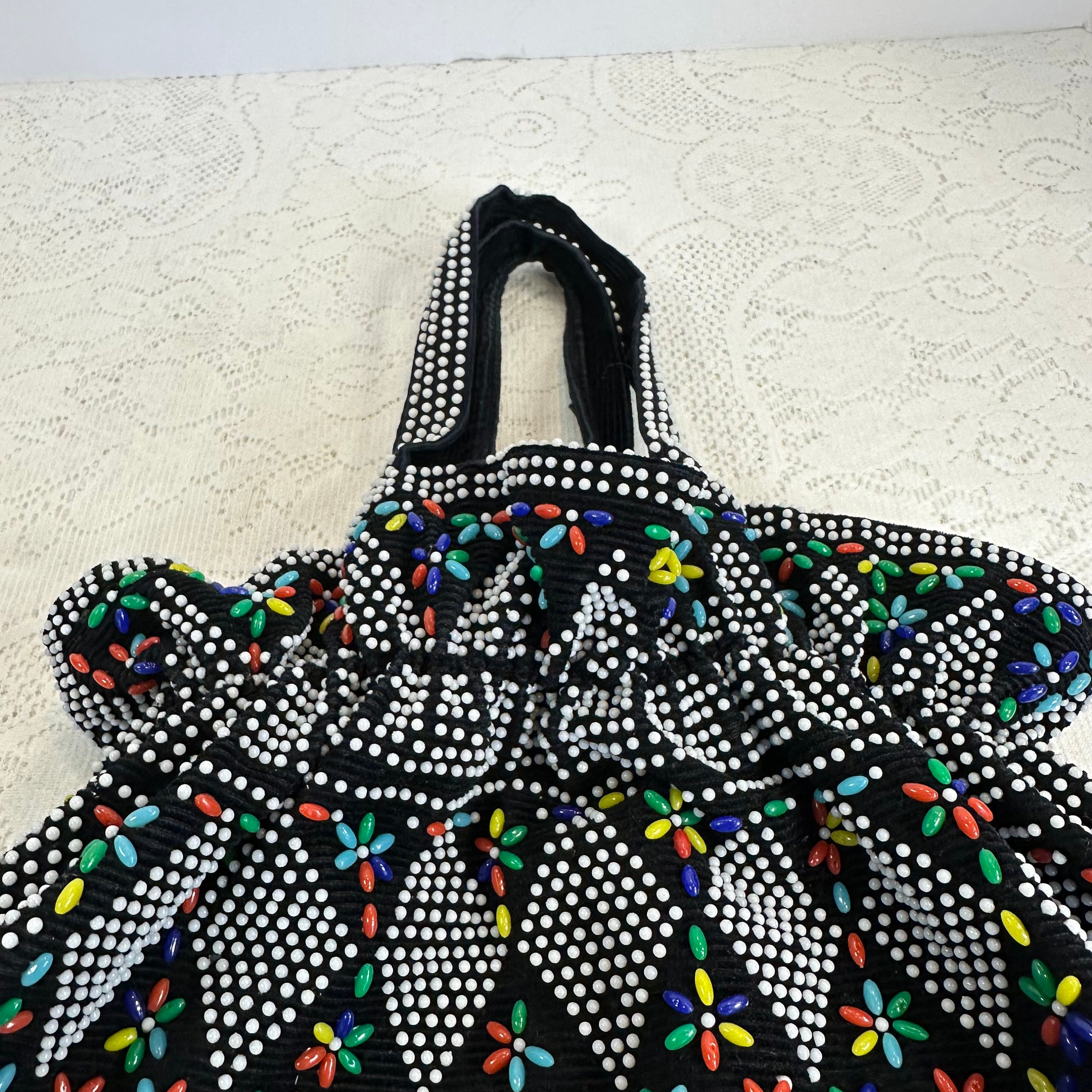 Vintage, 70s Candy Dot Drawstring Purse Micro Beaded Mr. Jonas