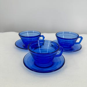 Vintage Set of THREE, 6-piece, Modern Style, Hazel Atlas Cobalt Blue Glass Teacups and Saucers, Cup and Saucer- Cups 8 oz, Saucer 5.5&quot; inch