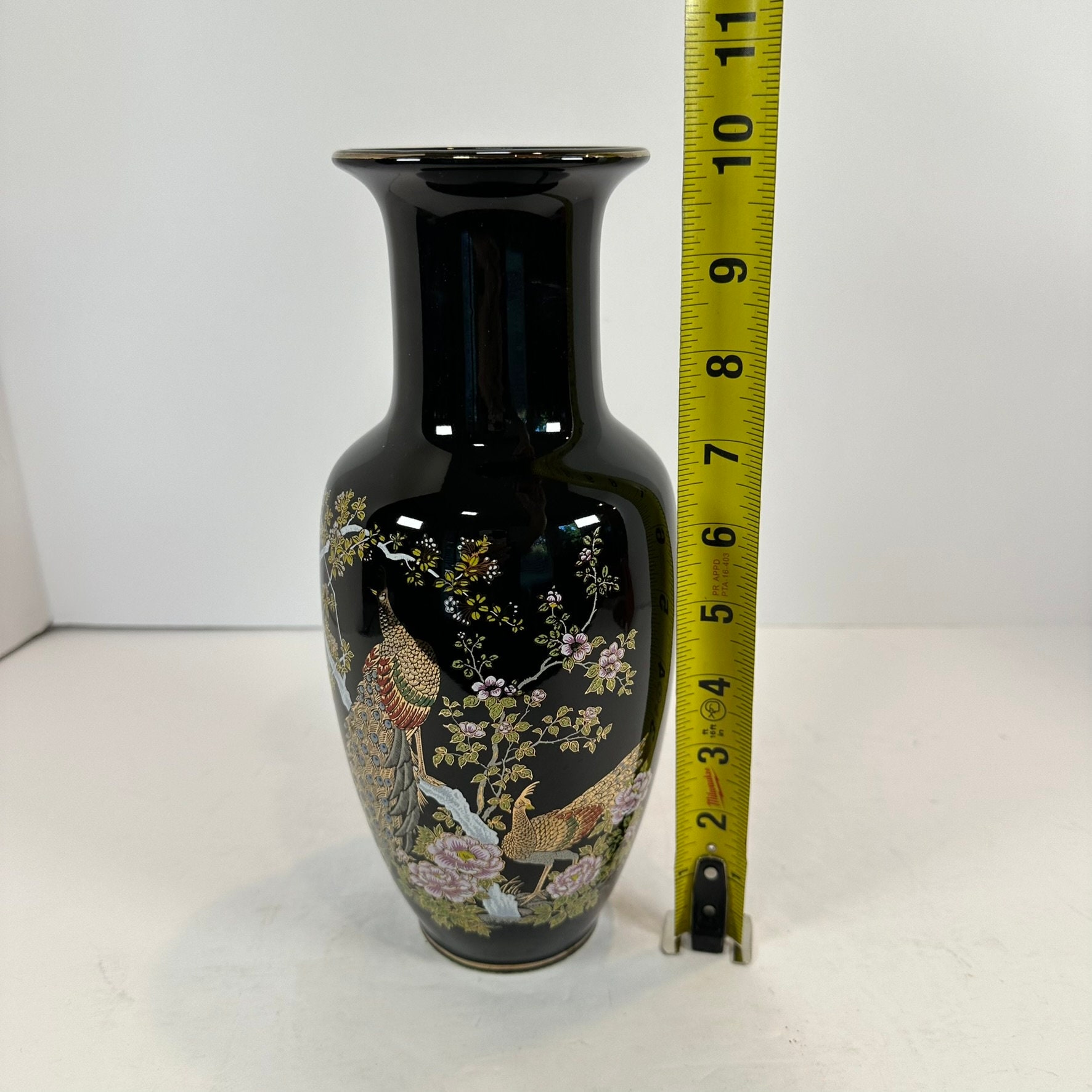Vintage, 1960s Black Japanese Hand Painted Floral Vase With