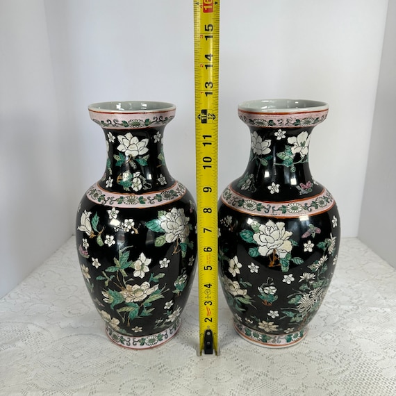 ヴィンテージ、2個セット、シックなシノワズリ花瓶、黒、緑、白の花の 