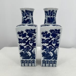 Vintage, Pair of Vintage Blue and White Chinoiserie Square Vases | Porcelain Bird & Floral Motif Decor | Oriental Home Accent 12.5&quot; Vase
