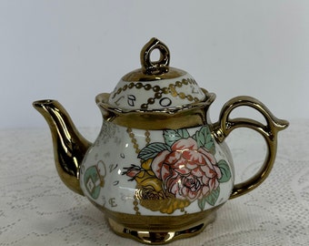 Floral Porcelain Teapot, china Titanium Glod Tea pot with elegant painted flowers, Gold Accents Floral Tea Pot 18 oz