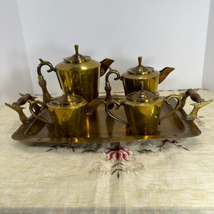 Vintage Solid Brass 5-Piece Thai Buddha Tea & Coffee Set with wooden handle Tray with detailed hand craved Thai Buddha engraving