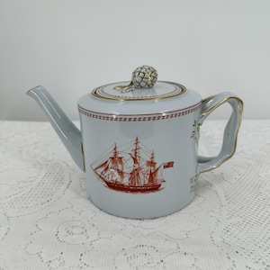 Vintage, Copeland Spode Fine Stone English made Porcelain, Spode Trade Winds Red w/Gold Trim Tea pot with lid, Ceramic Red Ships Teapot 38oz