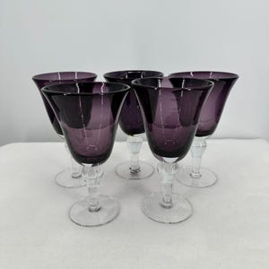 Vintage Artland Iris Plum Purple Water Goblets Set of 5 | Hand Blown Seeded Bubble Glass Wine Glasses | Elegant Amethyst Barware 15oz