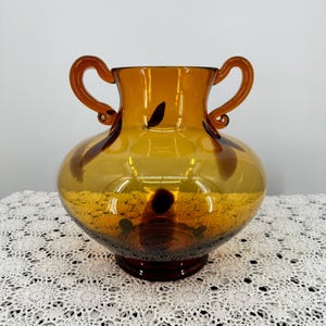 Vintage Studio Amphora Hand-Blown Glass Brown Circle on Amber Glass double Handled Vase, 11&quot; inches Tall