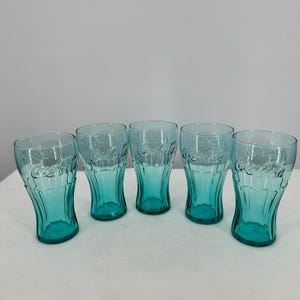 Vintage Set of 5 Embossed Coca Cola Logo, Libby USA Glass, Teal/Green Glass, 16oz, Tint Teal, Collectible Coca Cola Glasses, 6&quot; inches Tall