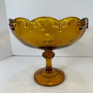 Vintage Indiana Glass Amber Tear Drop Compote Amber Footed Dish Gold Pedestal Bowl Thanksgiving Table Decor Centerpiece, 7.75&quot; inches tall