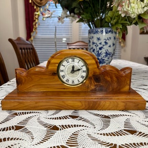 Vintage, 1950s Landshire electric clock in Handmade solid Pine base with light oak stain, Arch Top Mantle Clock, Glossy Wood Pine Finish